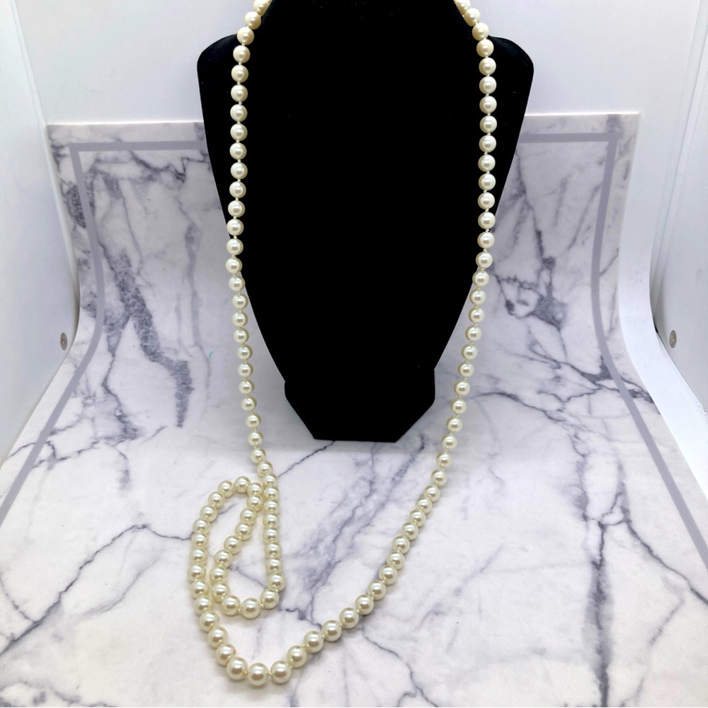 Long Faux Pearl Necklace with Gold Tone Box Clasp Heavy Beads Elegant